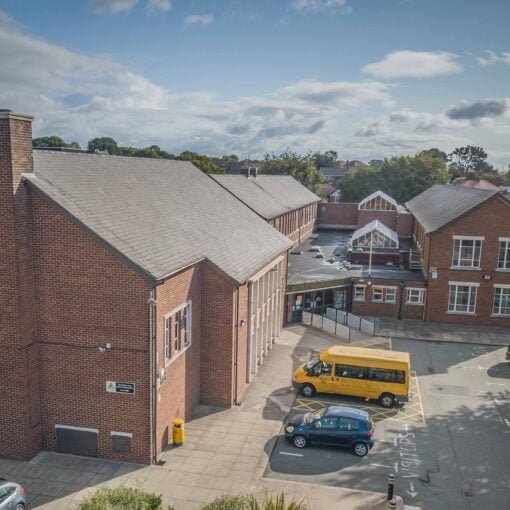 An aerial photograph of Castell Alun High School's main building