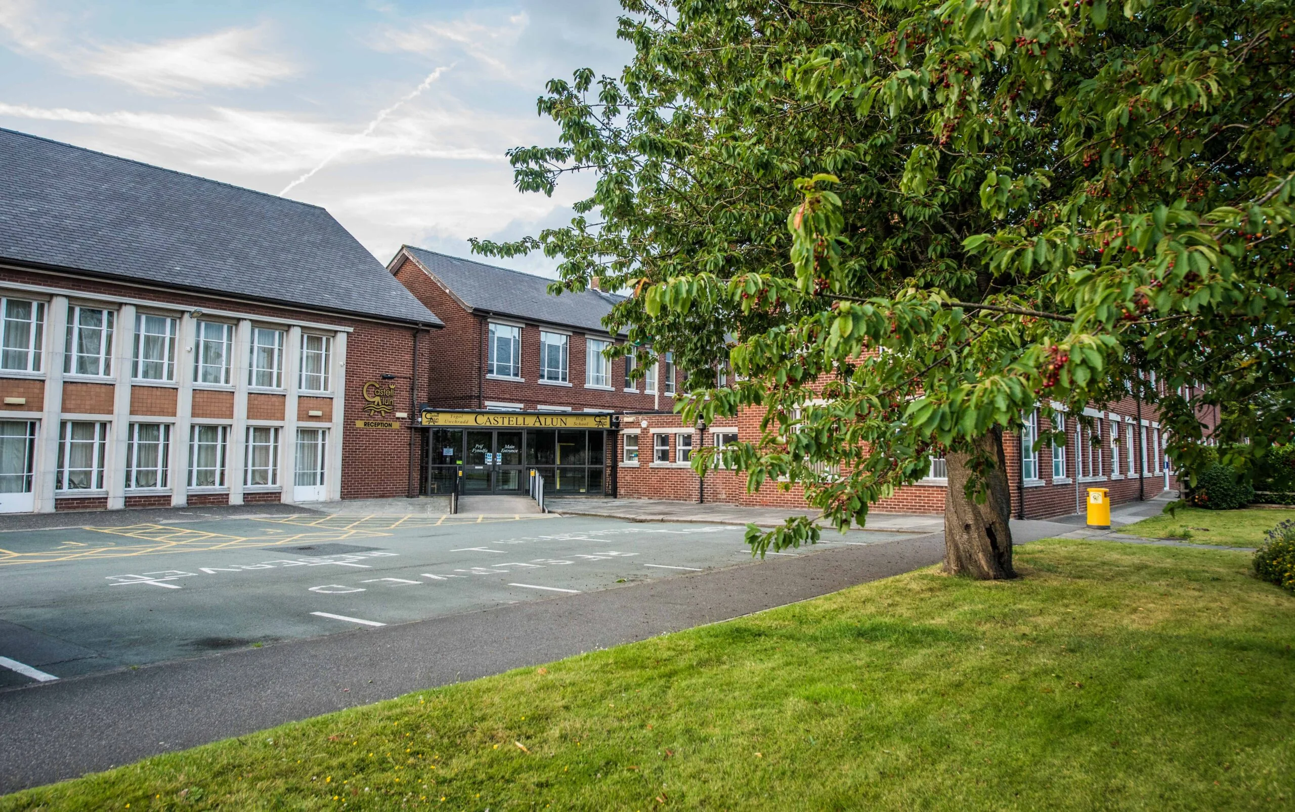 A photograph Castell Alun High School's main entrance