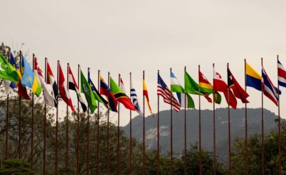A row of international flags from multiple countries displayed on tall flagpoles outdoors, with trees and hills in the background beneath an overcast sky.