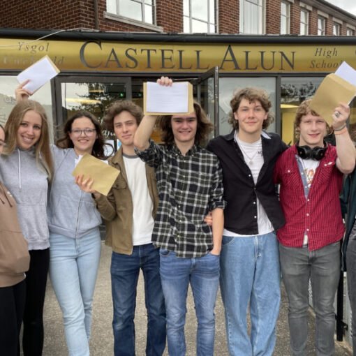 A group of students standing outside the main entrance of Castell Alun High School, holding envelopes and papers aloft while posing for a photograph beneath the school sign.