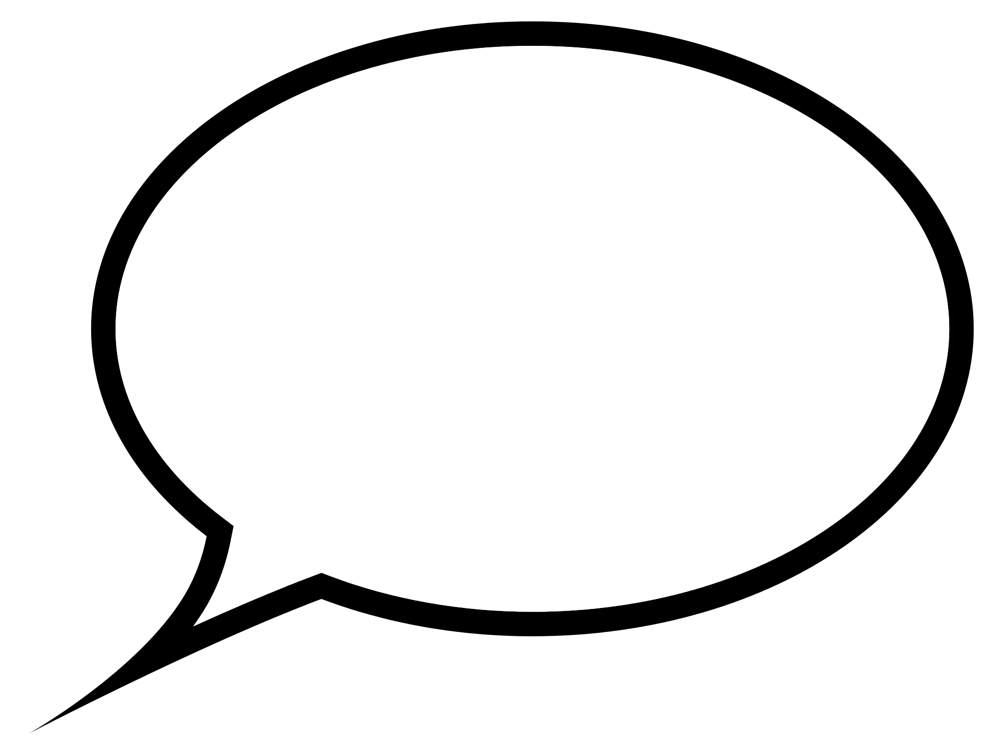 Speech bubble icon featuring a blank white speech bubble with a black outline on a black background, representing communication, conversation or messaging.