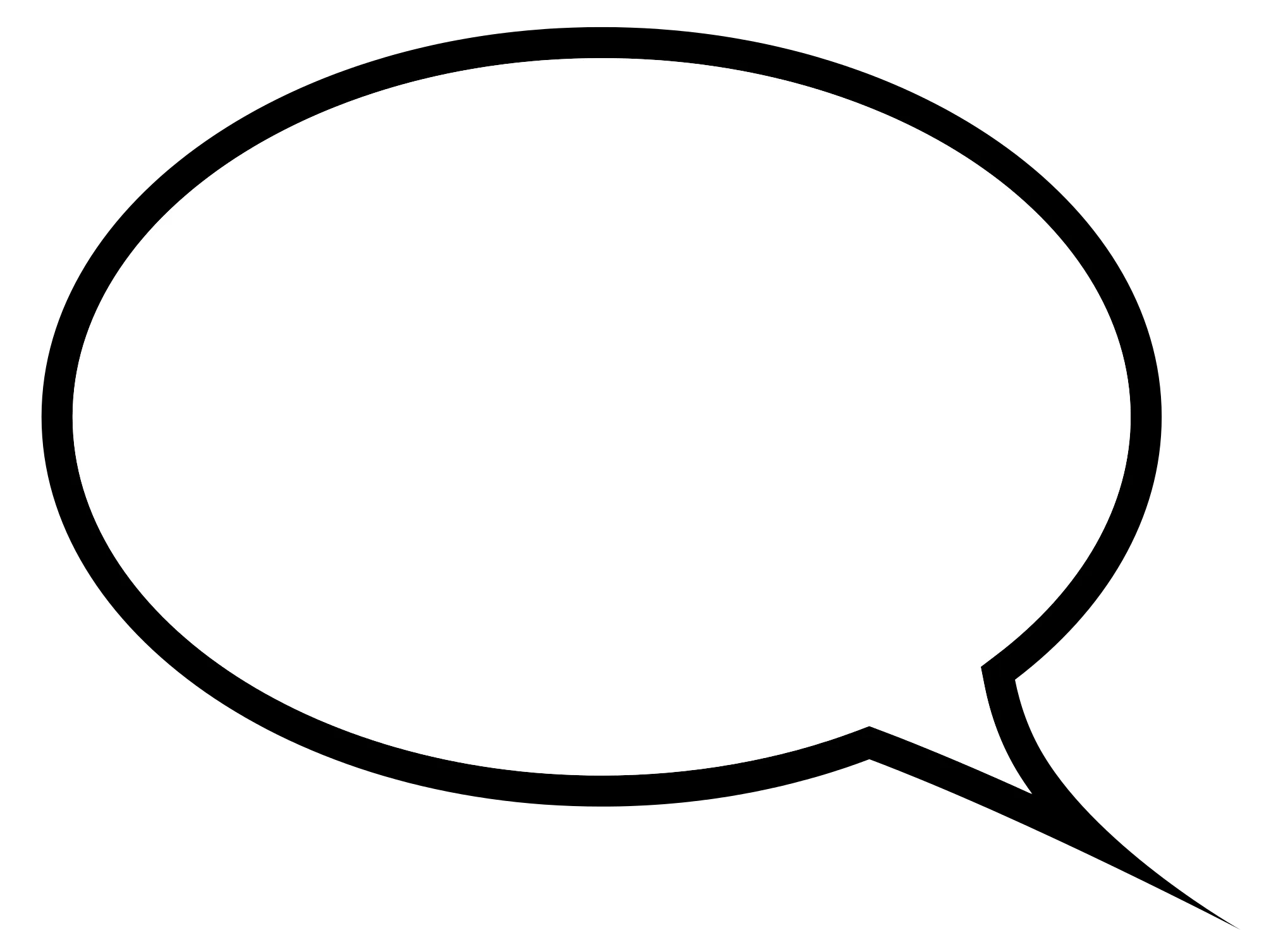 Speech bubble icon featuring a blank white speech bubble with a black outline on a black background, representing communication, conversation or messaging.