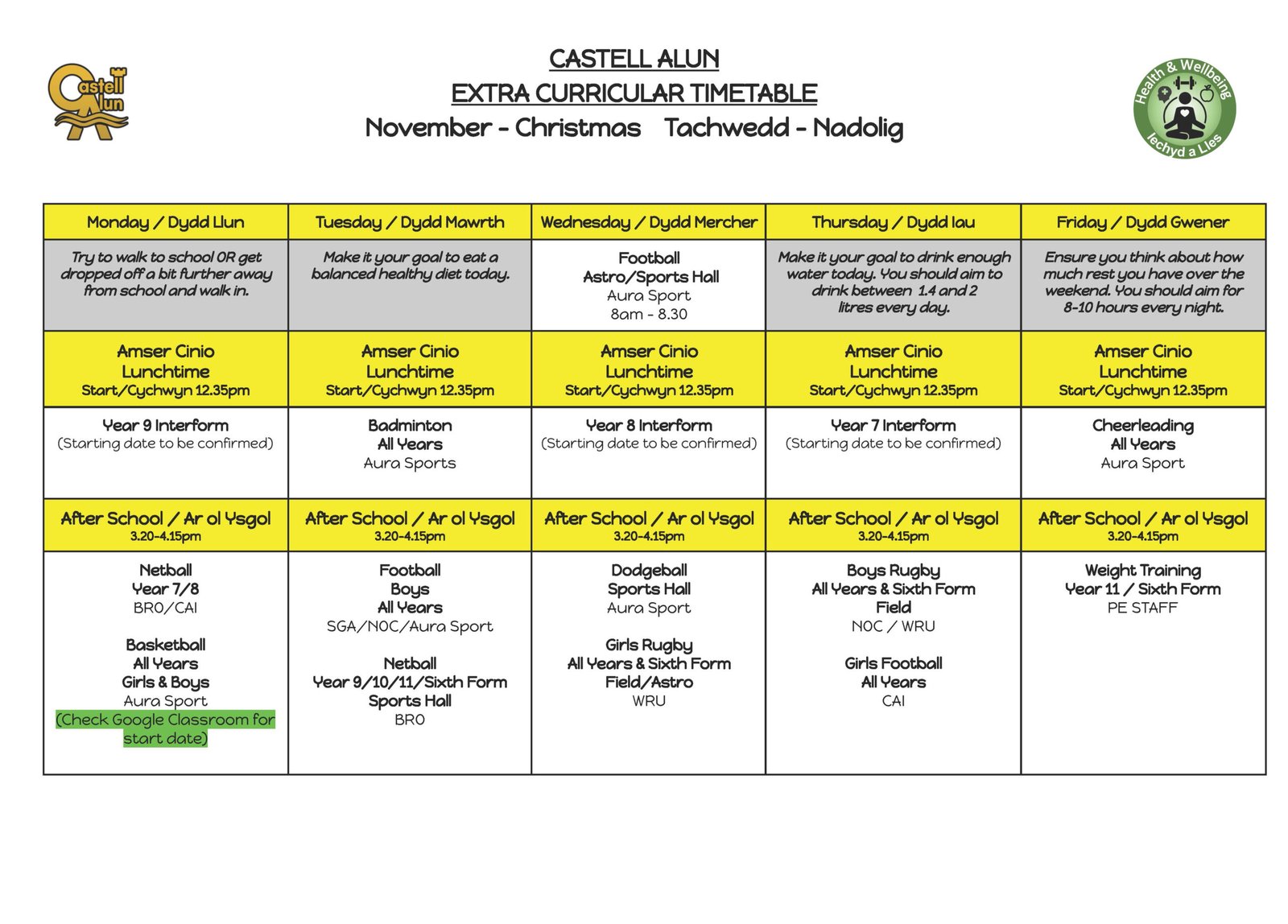 A copy of our Extra Curricular Timetable for this half term