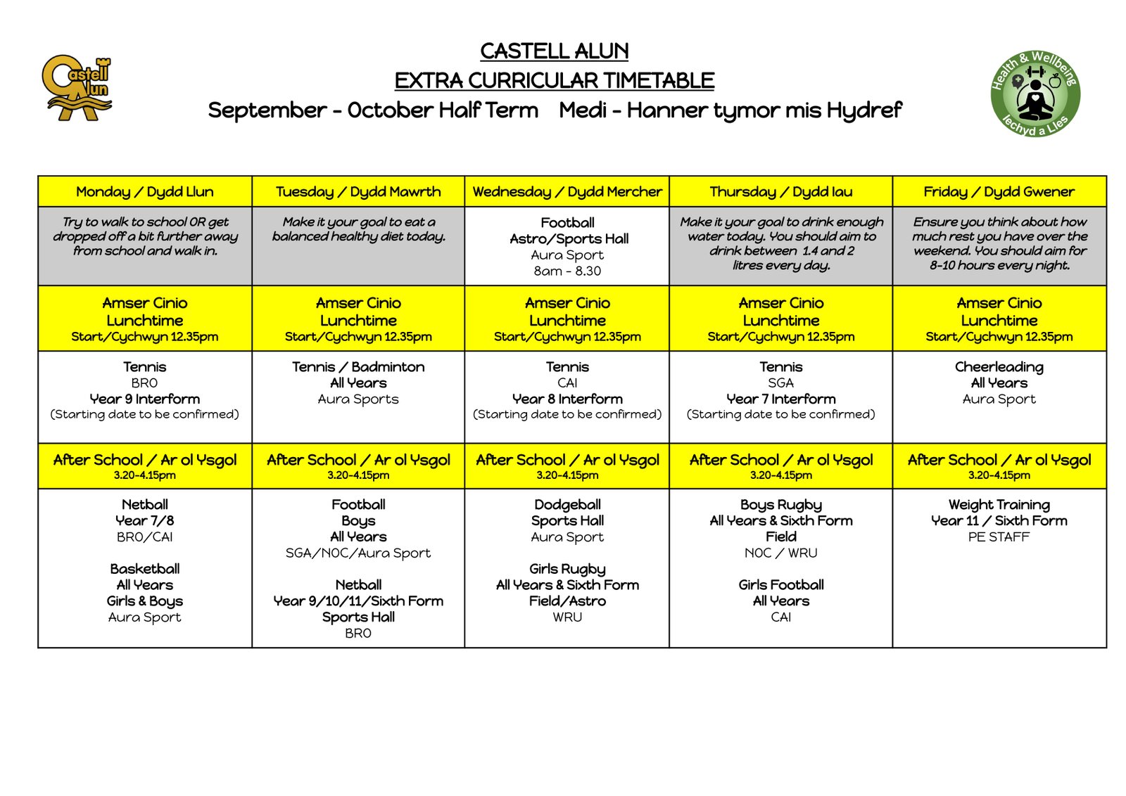 A copy of our Extra Curricular Timetable for this half term