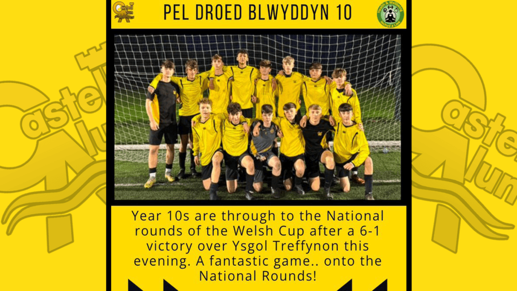 A social media post detailing the Year 10 football team's 6-1 victory against Ysgol Treffynon, circa December 2024