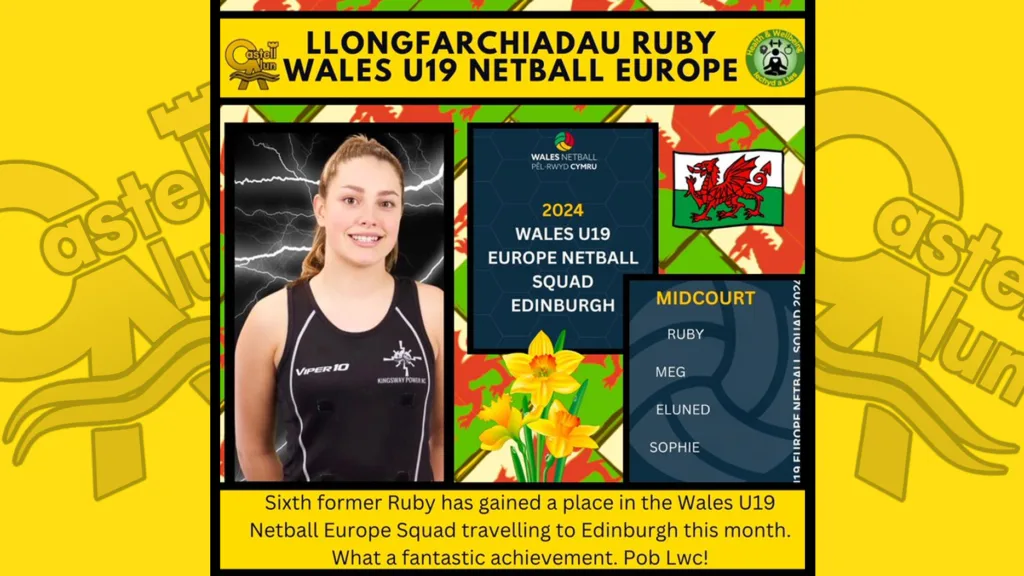 A social media image highlighting one of our Sixth Form student's success at gaining a place in the Wales U19 Netball Europe Squad, circa December 2024.