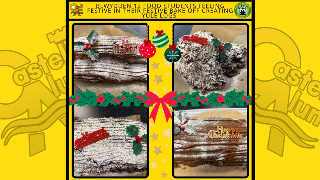 A social media collage of images of Christmas chocolate logs baked by Year 12 Food Technology students, circa December 2024.