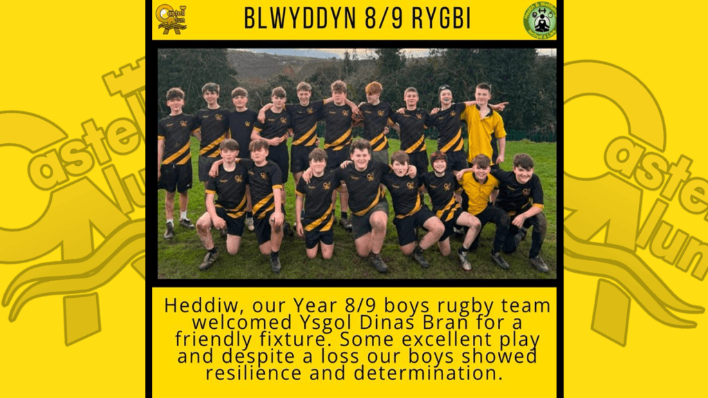 A photograph of the Year 8/9 boys rugby team after a friendly match against Ysgol Dinas Bran, circa December 2024.