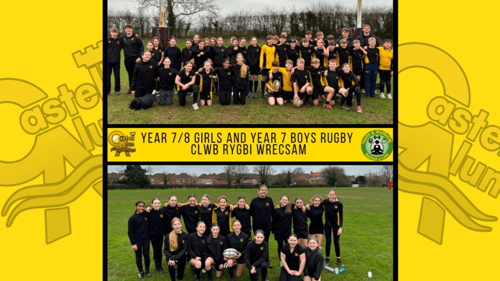 A social media photo collage of the Year 7/8 girls and Year 7 boys rugby teams, circa December 2024.