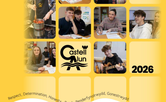 The cover of the Sixth Form Prospectus featuring Yellow background with a grid of photos showing Sixth Form students studying and engaging in several activities, with the Castell Alun logo in the centre.