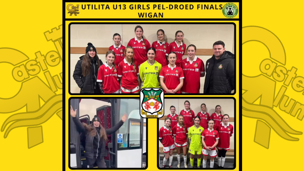 A social media collage showing the U13 girls football team on a recent away game to Wigan, circa January 2025