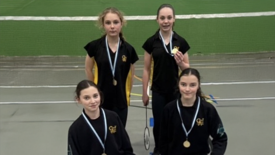 A photograph of Year 8 students who secured 3rd place in the North Wales Badminton Tournament, circa March 2025