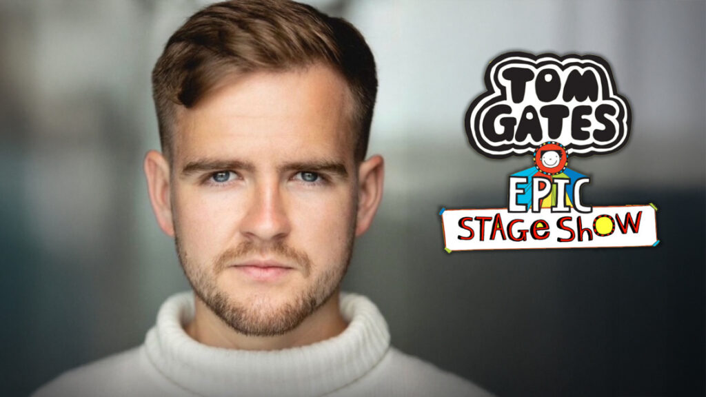 A collage showing a headshot of former student Josh and the logo of "Tom Gates Epic Stage Show" in which he is set to play the lead role, circa March 2025