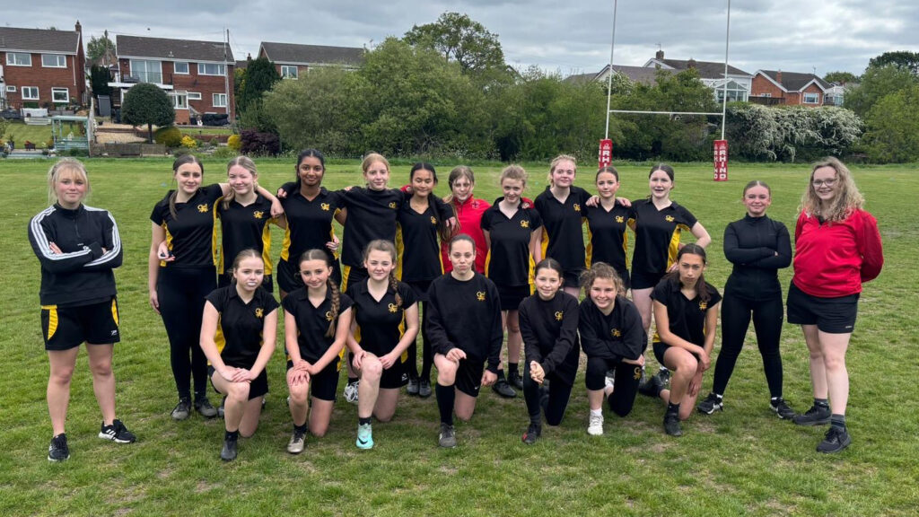 A photograph of our KS3 Girls Rugby team who scored a victory at a recent game in the RTP Tournament, circa May 2025