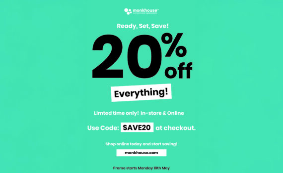 Social media image for Monkhouse's 20% Off Sale (14/05/25)