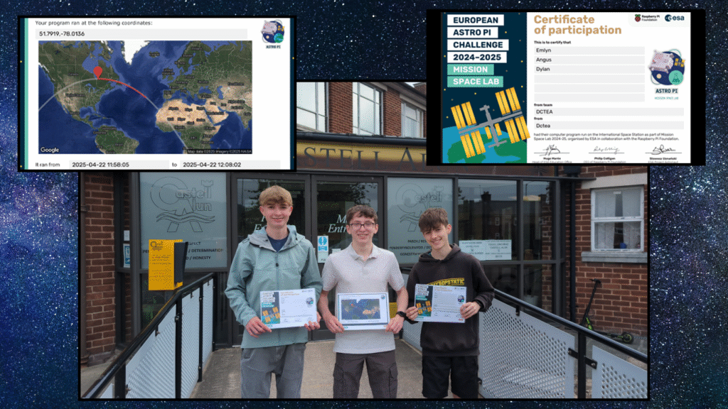 A photo collage of the students who created code that ran on the ISS plus some screen shots of their work, circa June 2025