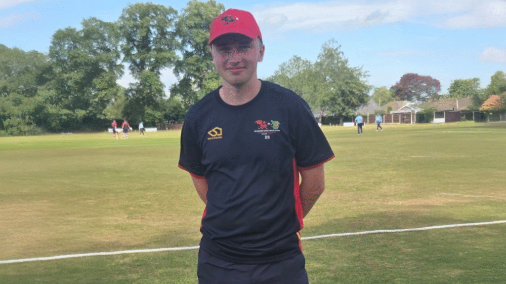 A photograph of one of our Year 12 students who made an impressive debut for the Wales National Counties (North) Adult cricket team, circa June 2025