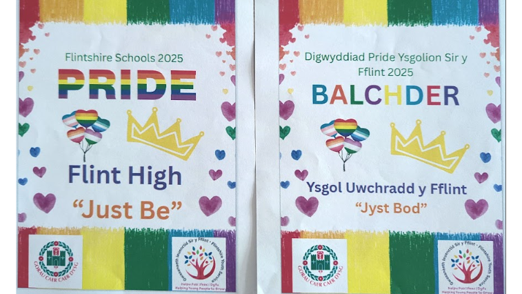 A photograph of posters promoting Flintshire Schools annual celebration of identity and inclusivity, this year with the theme “Just Be”.
