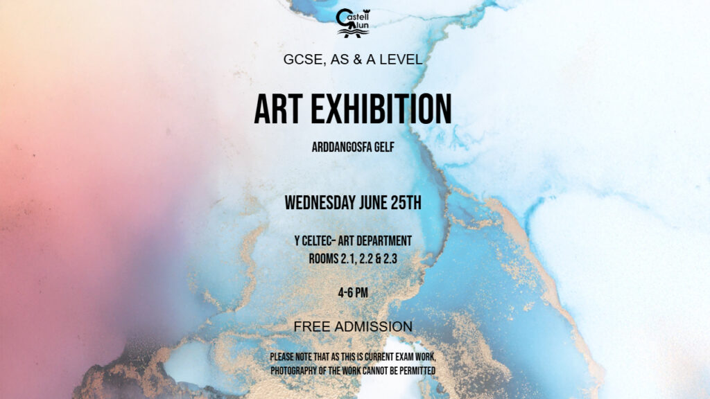 An image showing information for the GCSE, AS and A Level Art Exhibition 2025