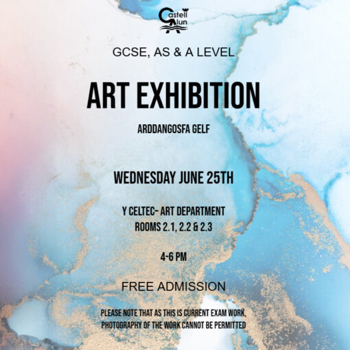 An image showing information for the GCSE, AS and A Level Art Exhibition 2025