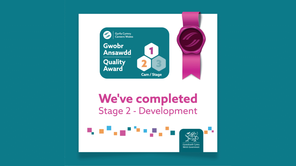 A graphic promoting that Castell Alun successfully passed moderation for Stage 2 of the Careers Wales Quality Award (CWQA), circa July 2025