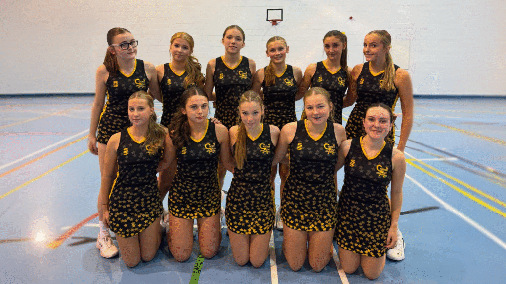 A photo of the U15 Netball team after a victory over Wirral Grammar, circa October 2025