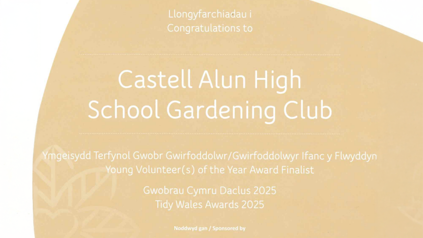 An image of the certificate of recognition to the Castell Alun Gardening Club from the Tidy Wales Awards, circa October 2025