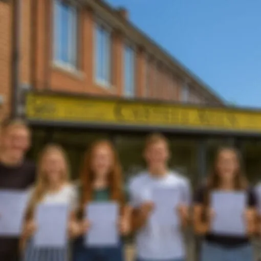 Six students standing outside the entrance to Castell Alun High School, each holding a results sheet while posing for a photograph in front of the school sign and main entrance.