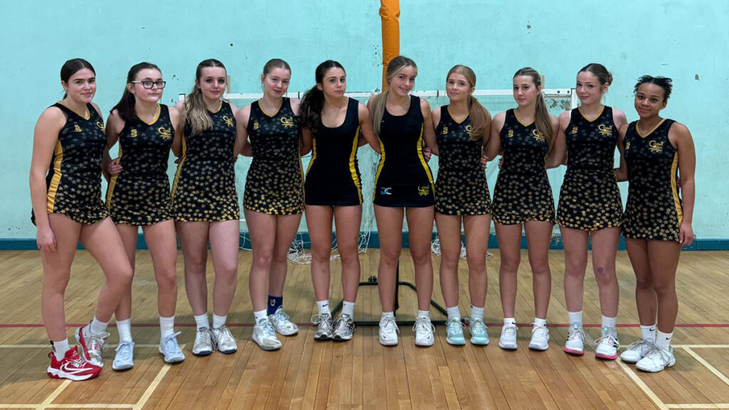 A photograph of the U16 Netball team at the North East Wales round of the Wales Netball Ann Smart Schools competition, circa November 2025