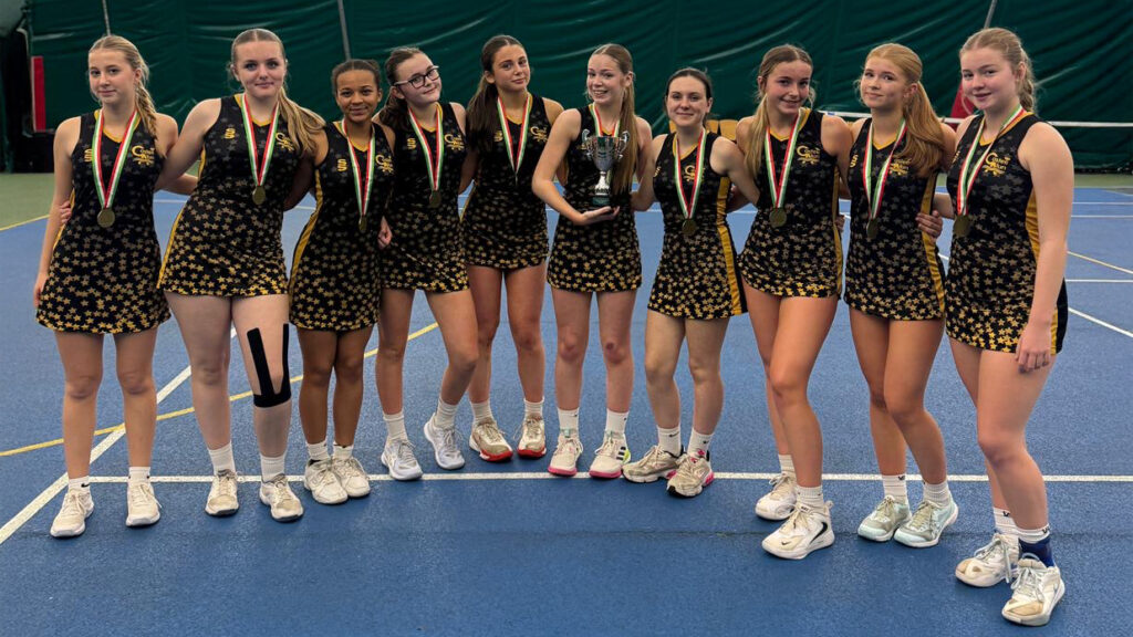 A photograph of the U16 Netball team at the North East Wales round of the Wales Netball Ann Smart Schools competition, circa November 2025