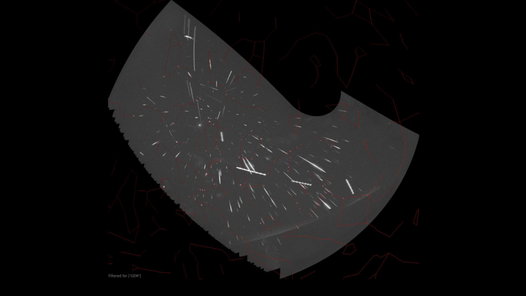 A screenshot from the Castell Alun Meteor Cam showing the Geminid meteor shower, circa December 2025