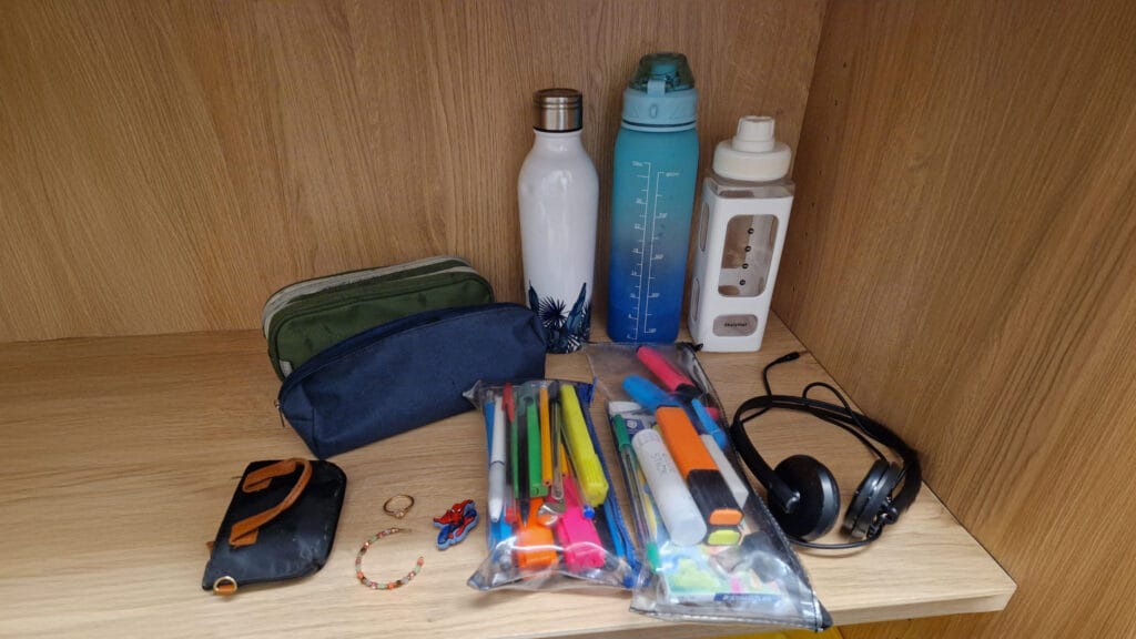 Unclaimed items displayed on a shelf as part of the school?s lost property system, circa January 2026