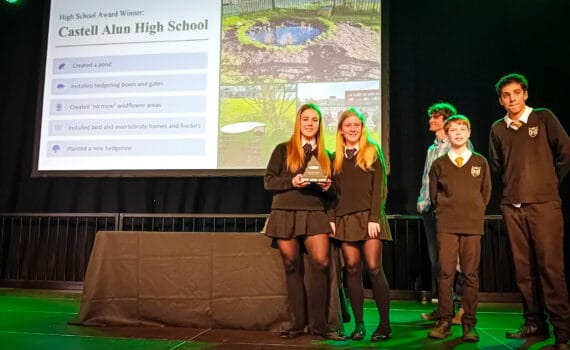 Students from Castell Alun High School holding a trophy on stage after being announced as a High School Award winner, circa February 2026