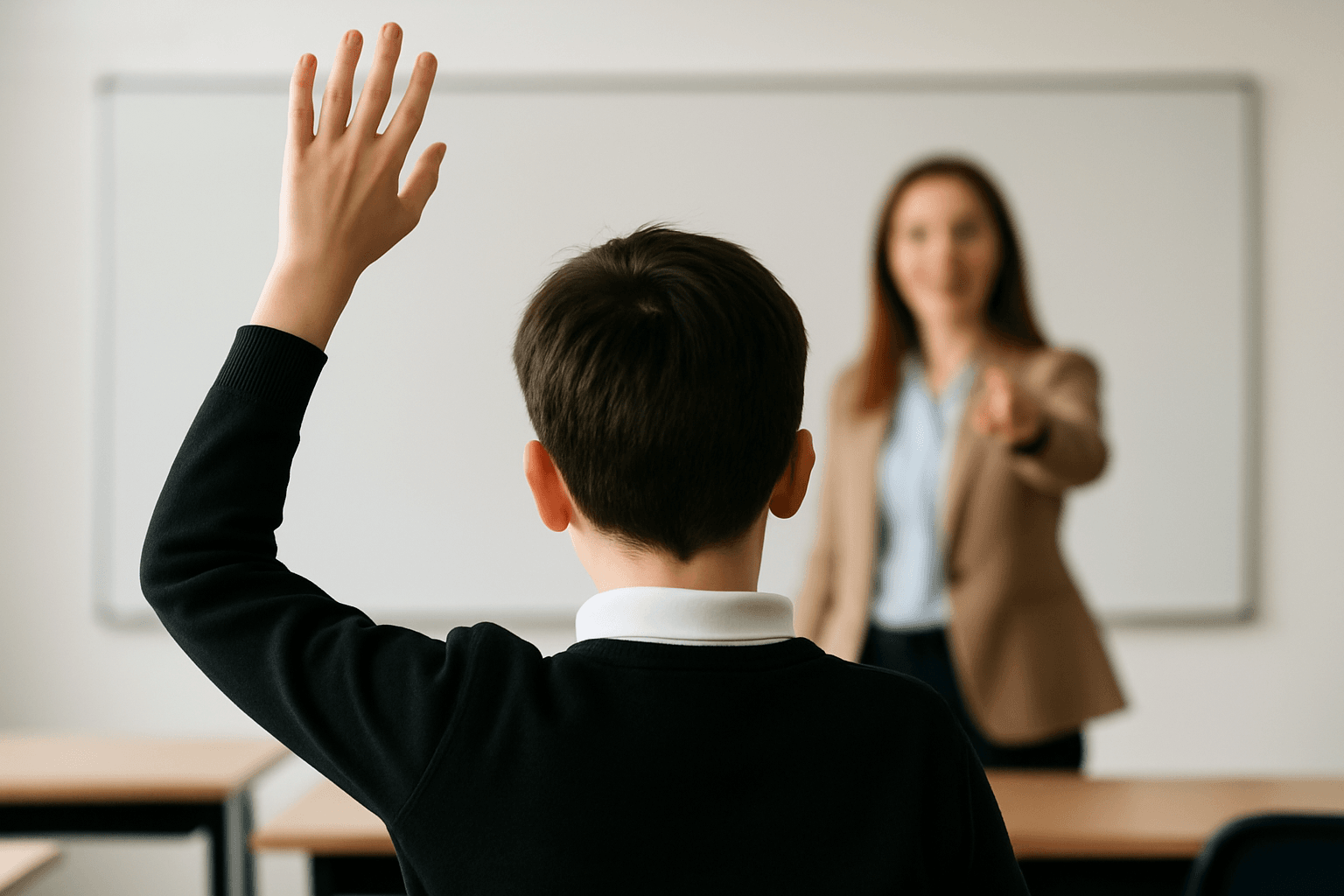 A student in a classroom raises their hand while a teacher stands at the front near a whiteboard.