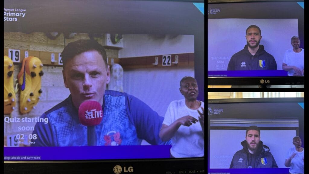 Collage of classroom screens showing a Premier League Primary Stars quiz countdown and presenters on screen, circa March, 2026