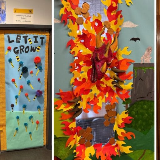 Three decorated classroom doors display colourful World Book Day designs inspired by The Lorax, a dragon scene, and The Twits, circa March, 2026