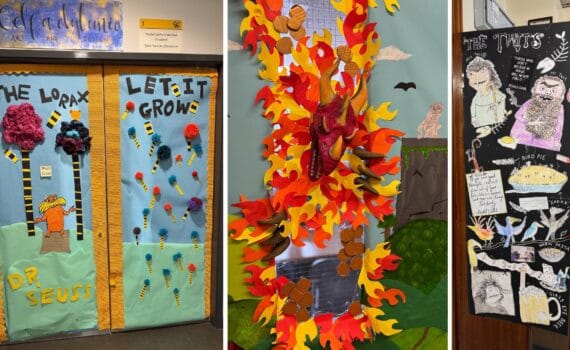 Three decorated classroom doors display colourful World Book Day designs inspired by The Lorax, a dragon scene, and The Twits, circa March, 2026