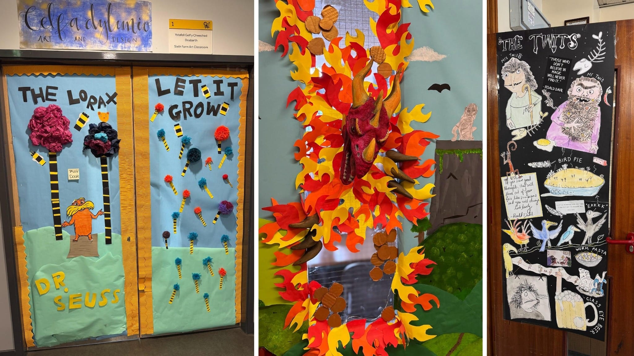 Three decorated classroom doors display colourful World Book Day designs inspired by The Lorax, a dragon scene, and The Twits, circa March, 2026