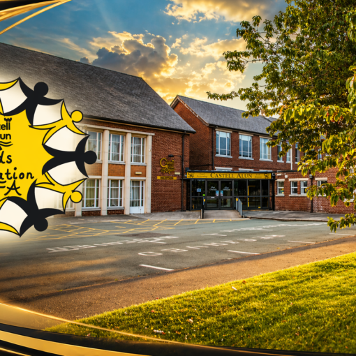 CAFA Friends Association logo displayed over a golden sunset view of Castell Alun High School, with black and gold curved graphic lines framing the left side of the image.
