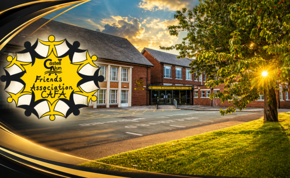 CAFA Friends Association logo displayed over a golden sunset view of Castell Alun High School, with black and gold curved graphic lines framing the left side of the image.