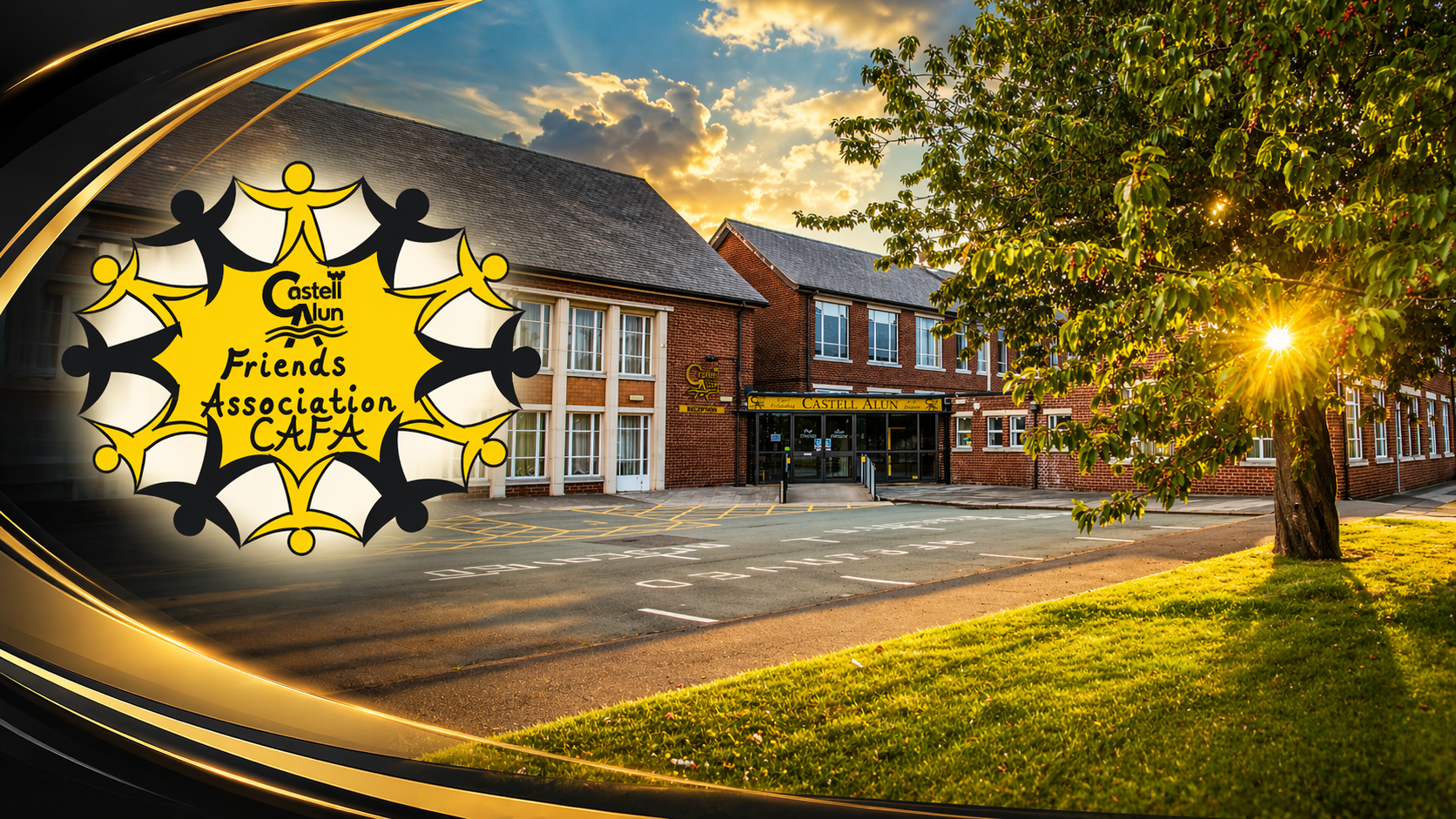 CAFA Friends Association logo displayed over a golden sunset view of Castell Alun High School, with black and gold curved graphic lines framing the left side of the image.
