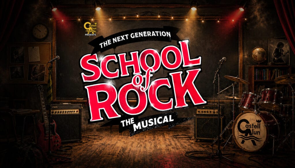 Promotional poster for Castell Alun’s production of School of Rock: The Musical, featuring the show logo in red and white over a dark classroom stage set with guitars, amps, microphones, drums, theatre lights, and the Castell Alun logo on the bass drum