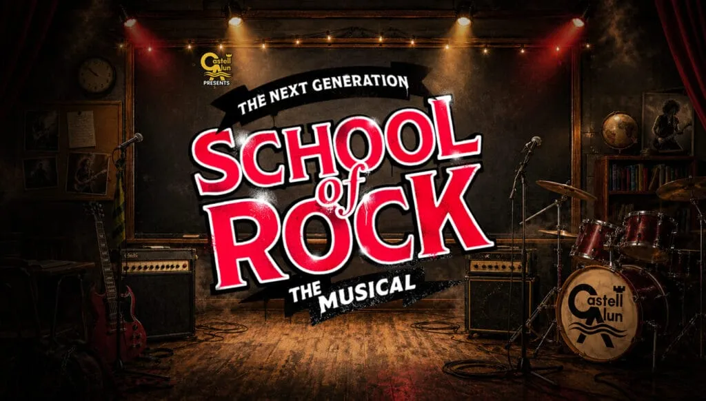 Promotional poster for Castell Alun’s production of School of Rock: The Musical, featuring the show logo in red and white over a dark classroom stage set with guitars, amps, microphones, drums, theatre lights, and the Castell Alun logo on the bass drum