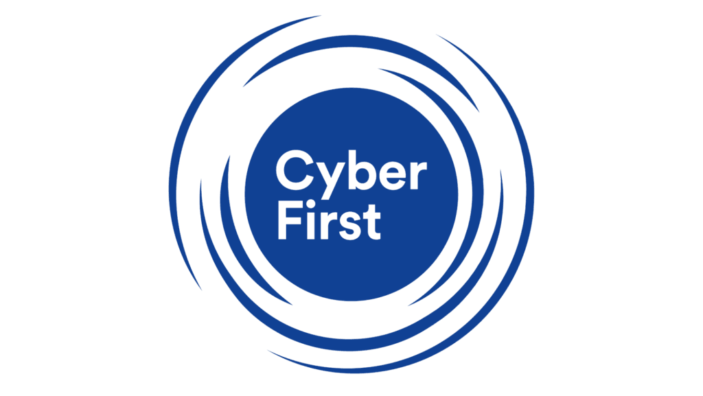 A blue and white circular logo with the words “Cyber First” in the centre, surrounded by curved lines forming a swirling pattern