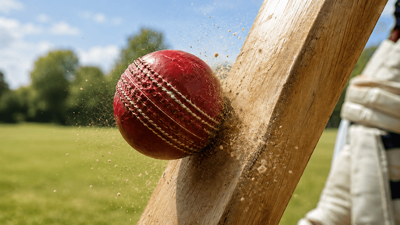 Close-up of a red cricket ball striking a wooden cricket bat, with dust flying from the impact on a blurred school playing field.