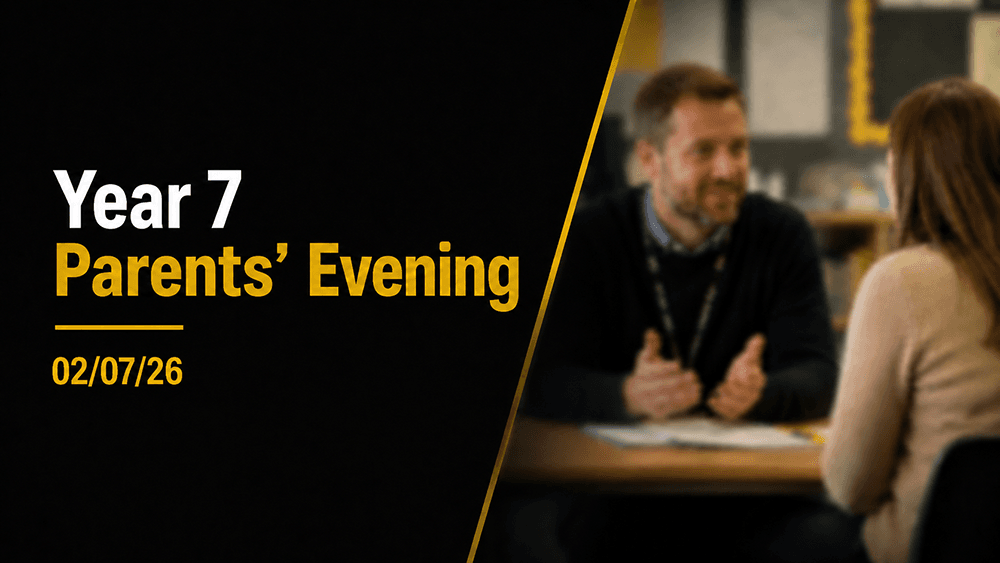 Promotional School Blog graphic showing a parents’ evening announcement, with a blurred image of a teacher speaking to a parent at a desk beside bold black and gold event text.