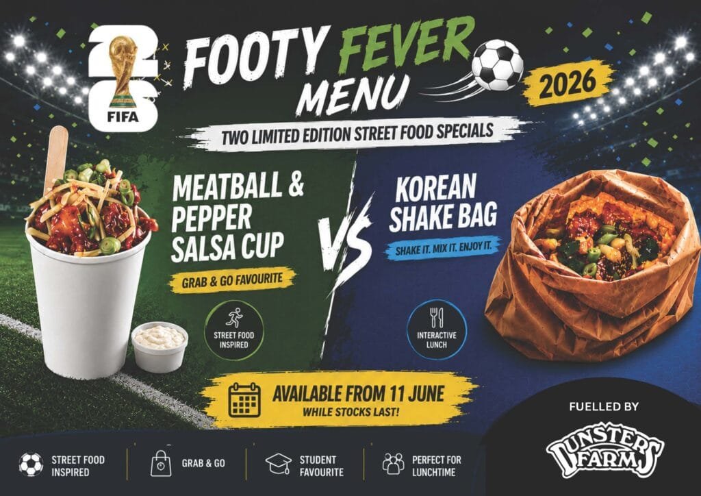 Poster advertising the Footy Fever Menu 2026, featuring two limited-edition street food specials: Meatball & Pepper Salsa Cup and Korean Shake Bag, available from 11 June while stocks last.