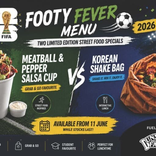 Poster advertising the Footy Fever Menu 2026, featuring two limited-edition street food specials: Meatball & Pepper Salsa Cup and Korean Shake Bag, available from 11 June while stocks last.