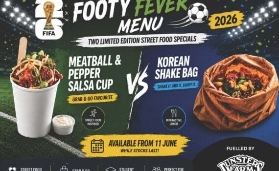 Poster advertising the Footy Fever Menu 2026, featuring two limited-edition street food specials: Meatball & Pepper Salsa Cup and Korean Shake Bag, available from 11 June while stocks last.