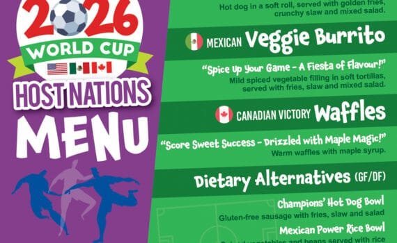 Promotional World Cup 2026 Host Nations menu graphic for the Canteen from Newydd Catering. The colourful football-themed design lists special menu options inspired by the host nations: an All-American Stadium Hot Dog with fries, slaw and salad; a Mexican Veggie Burrito with fries, slaw and salad; and Canadian Victory Waffles with maple syrup. Dietary alternatives include a Champions’ Hot Dog Bowl, Mexican Power Rice Bowl and Maple Fruit Cup Winner.